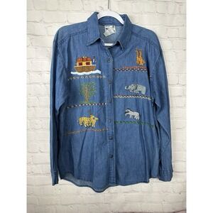 Vintage 90s Denim Shirt WOMENS Noah's Ark Embroidered Animals button up sz‎ M